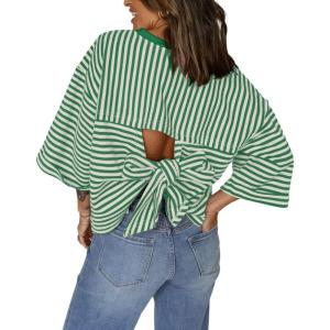 imageCHARTOU Women Back Bow Tie Striped Summer Top Casual Loose Crewneck 34 Sleeve Color Block Tunic PulloverGreen