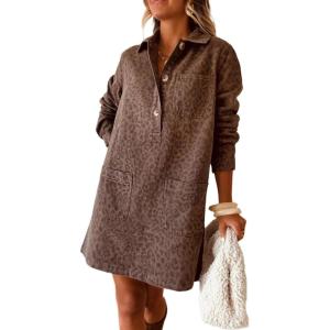 imageCHARTOU Women Long Sleeve Denim Dress Fall 34 Button Casual Loose Tunic Lapel Shirt Jean DressLeopard