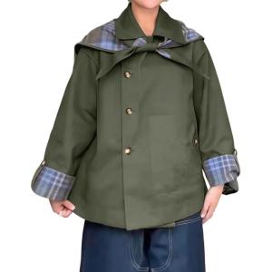 imageCHARTOU Womens Short Trench Coats Fall Notch Collar Plaid Reversible Oversized Jacket with PocketsOlive