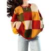 image:imageCHARTOU Women Color Block Plaid Knitted Pullover Sweater Oversized Chunky Crewneck Balloon Sleeve Jumper TopsRed
