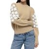 image:imageCHARTOU Women Daisy Embroidered Crochet Knit Sweater Cute Puff Long Sleeve Pullover Tops Fall Stretch JumperKhaki