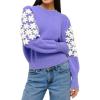 image:imageCHARTOU Women Daisy Embroidered Crochet Knit Sweater Cute Puff Long Sleeve Pullover Tops Fall Stretch JumperPurple