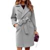 image:imageCHARTOU Women Slim Belted Notched Lapel Mid Long Wool Coat Jacket Open Front Pea Coat Overcoat with PocketsGrey