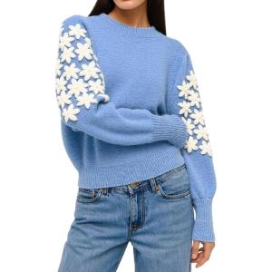 image:imageCHARTOU Women Daisy Embroidered Crochet Knit Sweater Cute Puff Long Sleeve Pullover Tops Fall Stretch JumperBlue