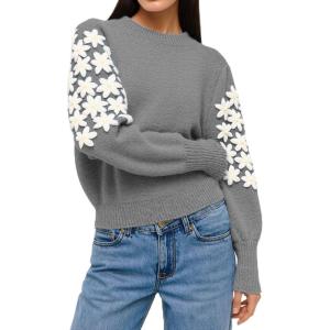 image:imageCHARTOU Women Daisy Embroidered Crochet Knit Sweater Cute Puff Long Sleeve Pullover Tops Fall Stretch JumperGrey