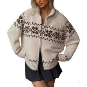 image:imageCHARTOU Women Fair Isle Cardigan Sweater Fall Winter Warm Oversized Stand Collar Zip Up Knitted CoatBeige