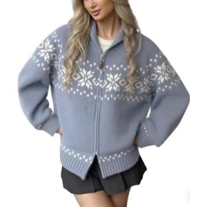 image:imageCHARTOU Women Fair Isle Cardigan Sweater Fall Winter Warm Oversized Stand Collar Zip Up Knitted CoatBlue