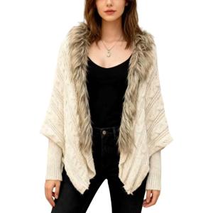 image:imageCHARTOU Women Faux Fur Trim Cardigan Sweater Fall Winter Open Front Batwing Sleeve Chunky Cable Knit CoatBeige