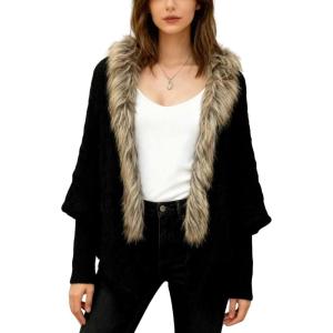 image:imageCHARTOU Women Faux Fur Trim Cardigan Sweater Fall Winter Open Front Batwing Sleeve Chunky Cable Knit CoatBlack