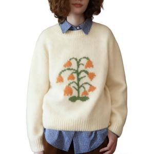 image:imageCHARTOU Women Floral Knitted Pullover Sweater Casual Loose Crew Neck Jumper Tops Fall OutfitsBeige