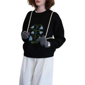 image:imageCHARTOU Women Floral Knitted Pullover Sweater Casual Loose Crew Neck Jumper Tops Fall OutfitsBlack