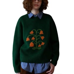 image:imageCHARTOU Women Floral Knitted Pullover Sweater Casual Loose Crew Neck Jumper Tops Fall OutfitsGreen