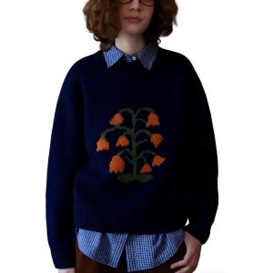 image:imageCHARTOU Women Floral Knitted Pullover Sweater Casual Loose Crew Neck Jumper Tops Fall OutfitsNavy