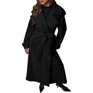 image:imageCHARTOU Women Long Pea Coat Winter Wool Trench Jacket Double Breast Notch Overcoat with BeltBlack