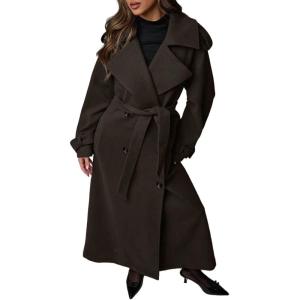 image:imageCHARTOU Women Long Pea Coat Winter Wool Trench Jacket Double Breast Notch Overcoat with BeltBrown