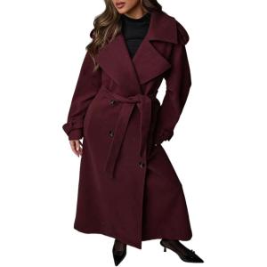 image:imageCHARTOU Women Long Pea Coat Winter Wool Trench Jacket Double Breast Notch Overcoat with BeltBurgundy