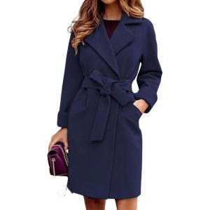 image:imageCHARTOU Women Slim Belted Notched Lapel Mid Long Wool Coat Jacket Open Front Pea Coat Overcoat with PocketsDark Blue