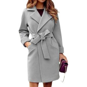 image:imageCHARTOU Women Slim Belted Notched Lapel Mid Long Wool Coat Jacket Open Front Pea Coat Overcoat with PocketsGrey