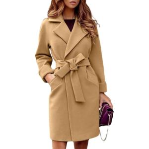 image:imageCHARTOU Women Slim Belted Notched Lapel Mid Long Wool Coat Jacket Open Front Pea Coat Overcoat with PocketsKhaki
