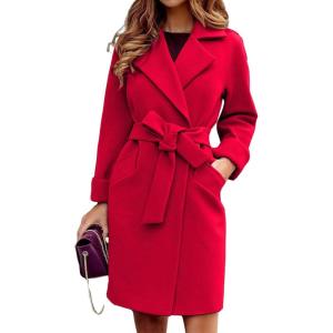 image:imageCHARTOU Women Slim Belted Notched Lapel Mid Long Wool Coat Jacket Open Front Pea Coat Overcoat with PocketsRed