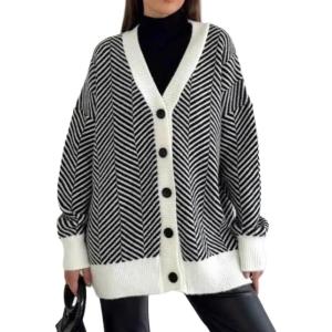 image:imageCHARTOU Womens Button Down Oversized Cardigan Fall Fashion Contrast Herringbone Striped SweaterBlack