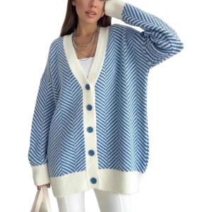 image:imageCHARTOU Womens Button Down Oversized Cardigan Fall Fashion Contrast Herringbone Striped SweaterBlue