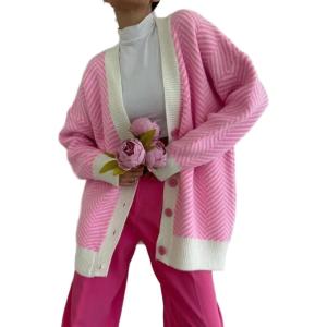 image:imageCHARTOU Womens Button Down Oversized Cardigan Fall Fashion Contrast Herringbone Striped SweaterPink