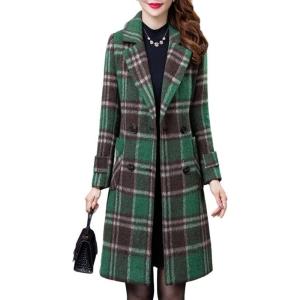 image:imageCHARTOU Womens Elegant Notched Collar DoubleBreast Plaid Wool Blend Midi Long Pea Coat JacketGreen
