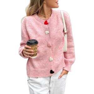 image:imageCHARTOU Womens Heart Buttons Knit Cardigan Short Cute Crewneck Knit Sweater Fall Long Sleeve TopPink