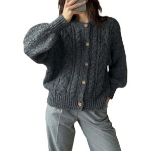 image:imageCHARTOU Womens Retro Chunky Cable Knit Buttons Open Front Cardigan Sweater Fall Winter Thick Casual JumperGrey