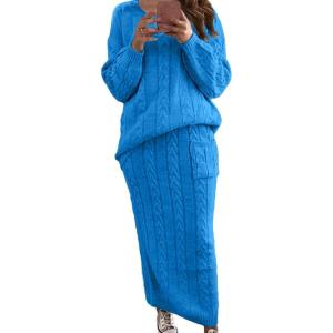 image:imageCHARTOU Womens Winter Chunky Cable Knit Long Skirt 2 Piece Outfit Sweater SetsBright Blue