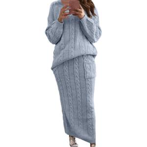 image:imageCHARTOU Womens Winter Chunky Cable Knit Long Skirt 2 Piece Outfit Sweater SetsGrey