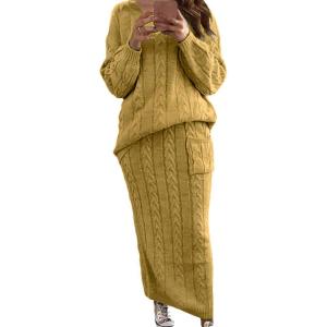 image:imageCHARTOU Womens Winter Chunky Cable Knit Long Skirt 2 Piece Outfit Sweater SetsMustard