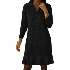 image:imageCHARTOU Fall Winter Sweater Dresses for Women 2025 Trendy Polo Long Sleeve Pleated Sequin Knit DressBlack