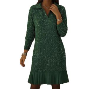 image:imageCHARTOU Fall Winter Sweater Dresses for Women 2025 Trendy Polo Long Sleeve Pleated Sequin Knit DressGreen