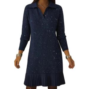 image:imageCHARTOU Fall Winter Sweater Dresses for Women 2025 Trendy Polo Long Sleeve Pleated Sequin Knit DressNavy