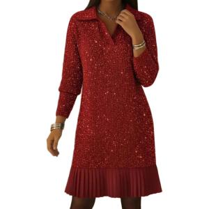 image:imageCHARTOU Fall Winter Sweater Dresses for Women 2025 Trendy Polo Long Sleeve Pleated Sequin Knit DressRed