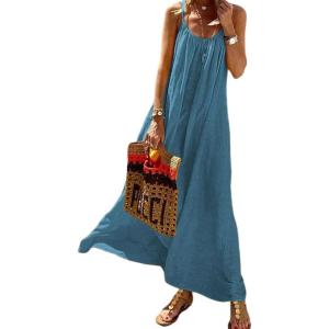 image:imageCHARTOU Women 2025 Summer Linen Maxi Dress Sleeveless Open Back Beach Vacation DressesBlue