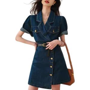 image:imageCHARTOU Women Denim Mini Dress Tailored Collar Elastic Waist Irregular A Line Short Jean DressBlue