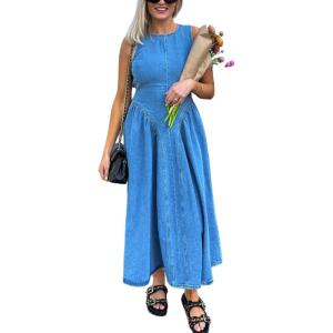 image:imageCHARTOU Women Open Back Lace Up Long Denim Dress Elegant Sleeveless Ruffle Drop Waisted Corset Jean DressBlue