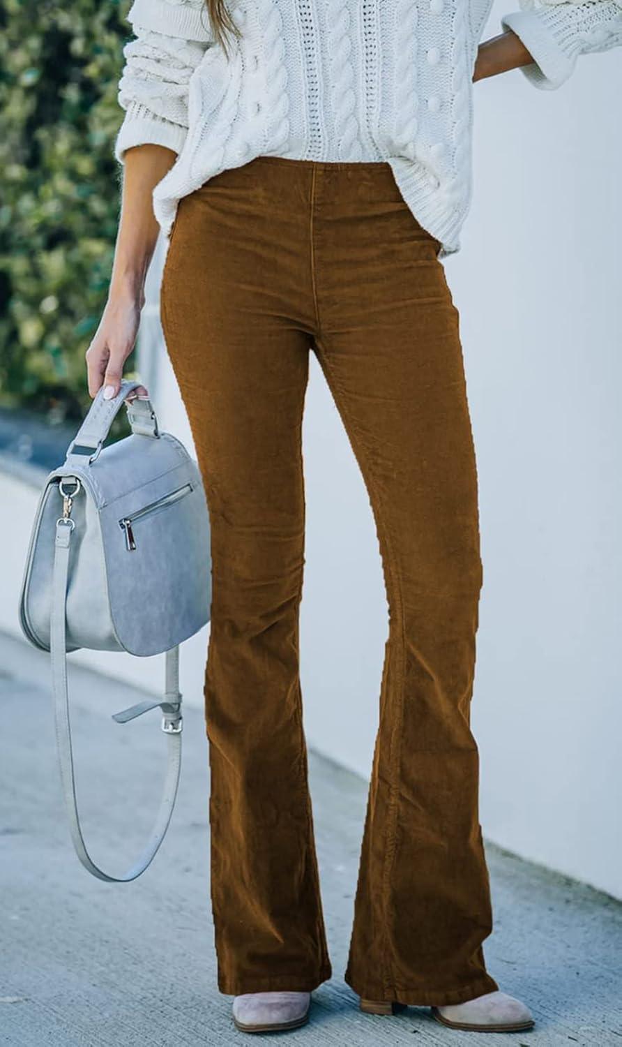image:imageCHARTOU Womens Vintage Elastic High Waist Flared Bell Bottom Corduroy PantsBrown