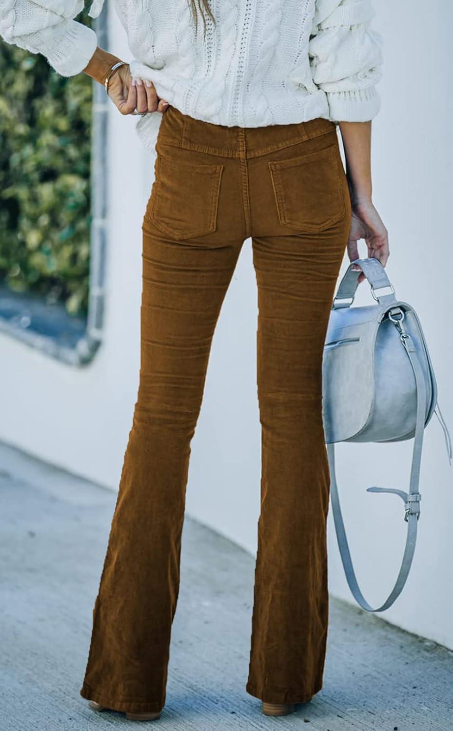 image:imageCHARTOU Womens Vintage Elastic High Waist Flared Bell Bottom Corduroy PantsBrown