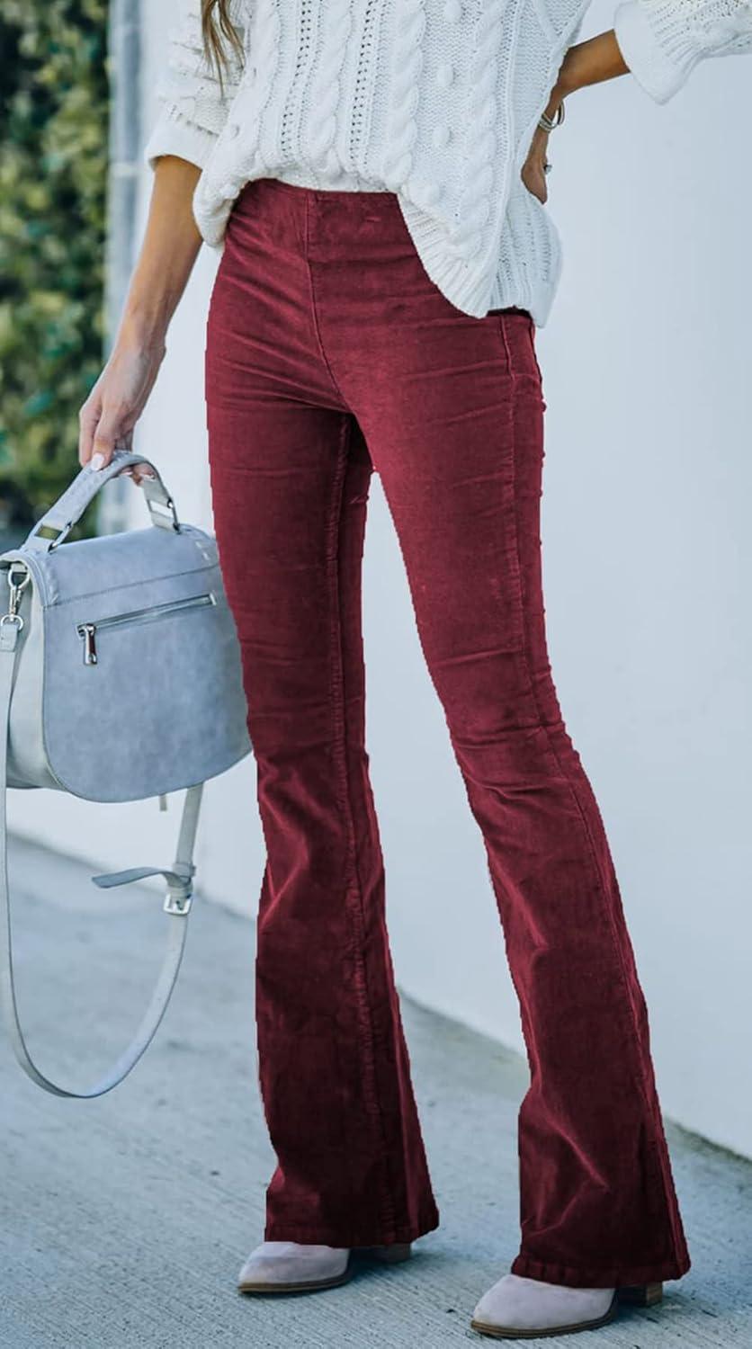 image:imageCHARTOU Womens Vintage Elastic High Waist Flared Bell Bottom Corduroy PantsWine