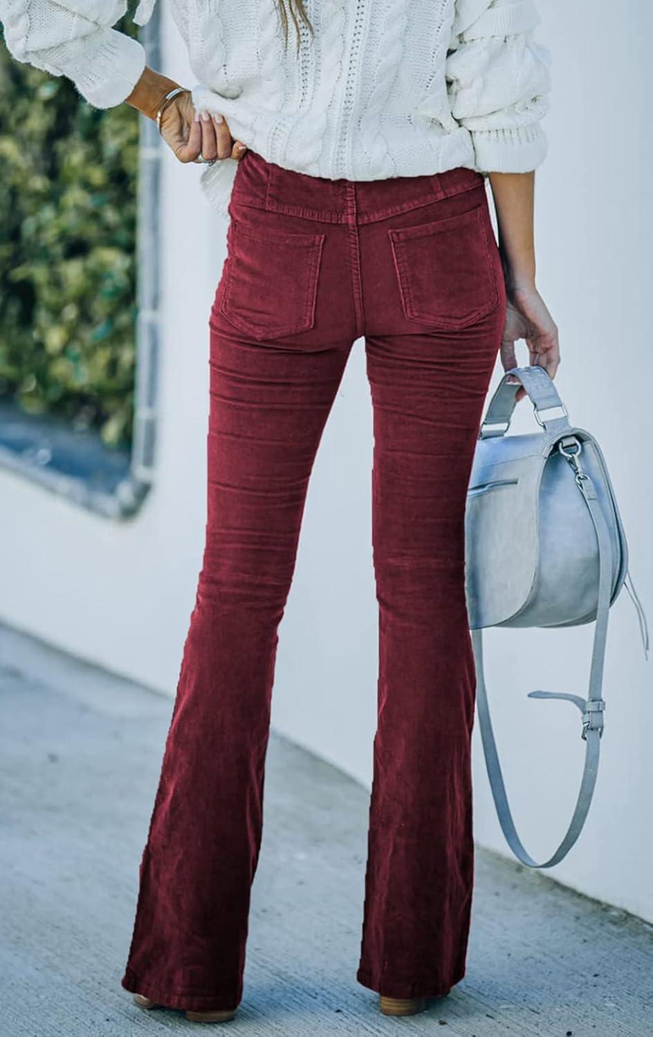 image:imageCHARTOU Womens Vintage Elastic High Waist Flared Bell Bottom Corduroy PantsWine