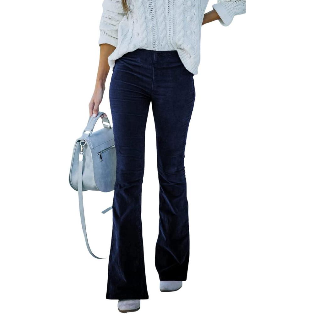 image:imageCHARTOU Womens Vintage Elastic High Waist Flared Bell Bottom Corduroy PantsNavy
