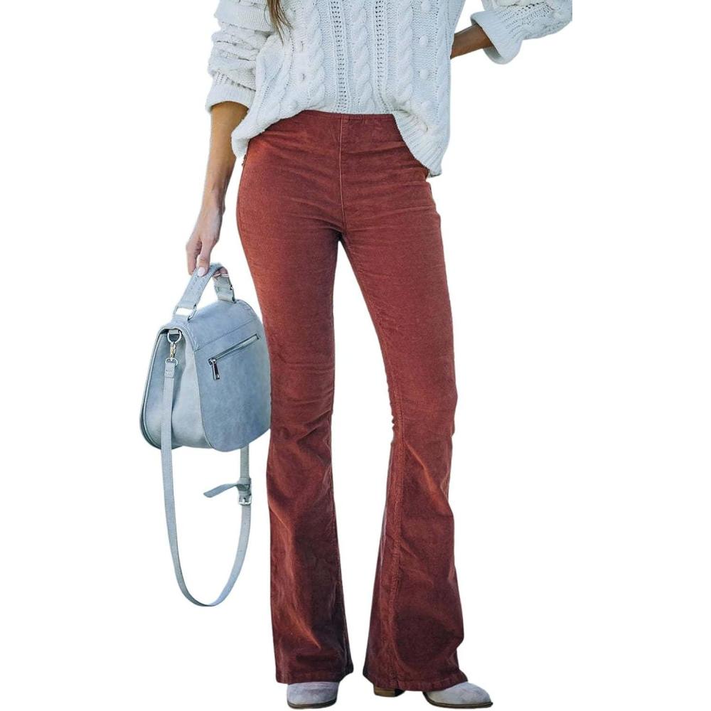 image:imageCHARTOU Womens Vintage Elastic High Waist Flared Bell Bottom Corduroy PantsRust