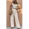 image:imageCHARTOU Womens Summer Elastic Waist Striped Flowy Palazzo Pants Casual Wide Leg Pants with PocketsBeige