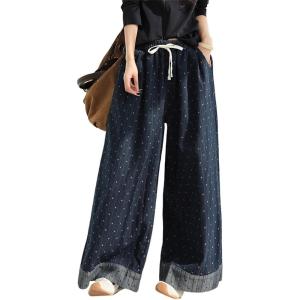 image:imageCHARTOU Wide Leg Denim Pants for Women Baggy Boyfriend Jeans Elastic High Waist Polka Dot TrousersBlue