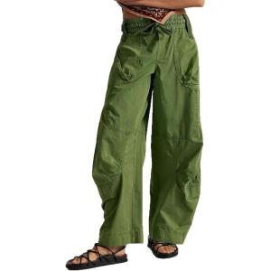 image:imageCHARTOU Women Drawstring Elastic Mid Waist Baggy Pants Barrel Wide Leg Pants Cargo Casual Sweatpants PocketsArmy Green