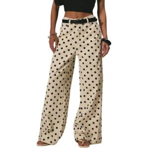 image:imageCHARTOU Women Polka Dot Wide Leg Denim Pants Color Contrast High Waist Baggy Boyfriend Jeans with PocketsBeige